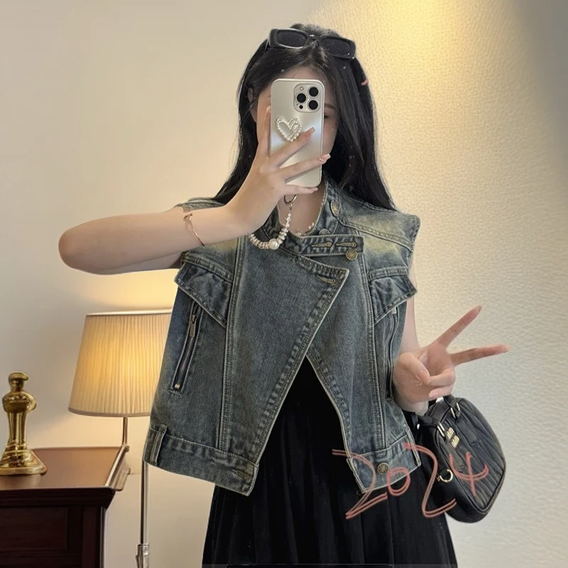 新款休闲百搭无袖牛仔马甲小个子复古2024港风立领水洗外套网红