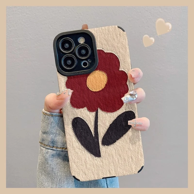 适用苹果16全包iPhone15手机壳皮纹油画涂鸦花朵创意卡通17promax