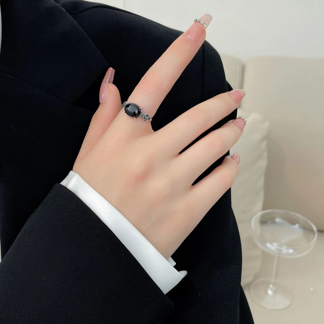 925银戒指 【奢香夫人】黑色椭圆开口可调戒指复古时尚