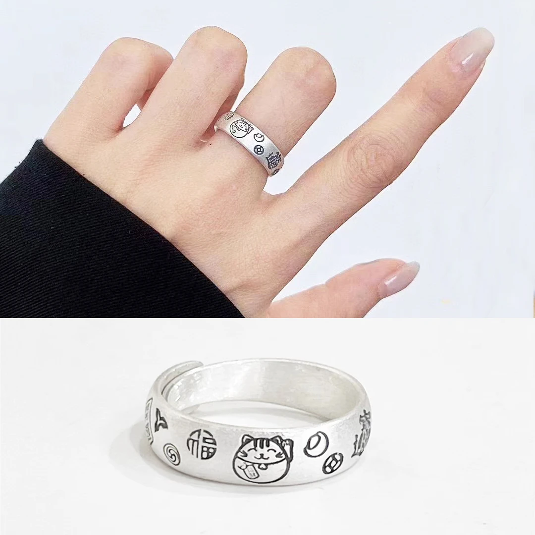 足银戒指 【招财猫猫戒1】吉言复古时尚风开口可调戒指指环手工精致