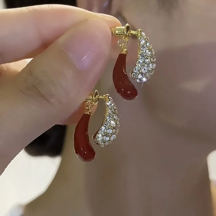 铜合金耳饰 一款两戴红色满钻耳环女轻奢高级感小众独特设计耳坠