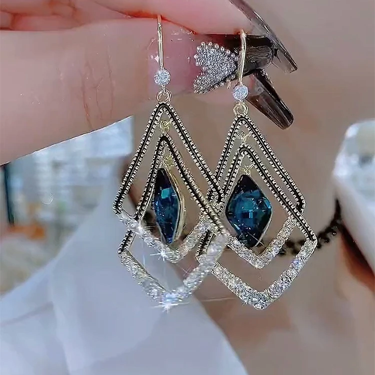 合金仿水晶耳饰 高级感蓝色菱形耳环女轻奢长款时尚大气耳饰品