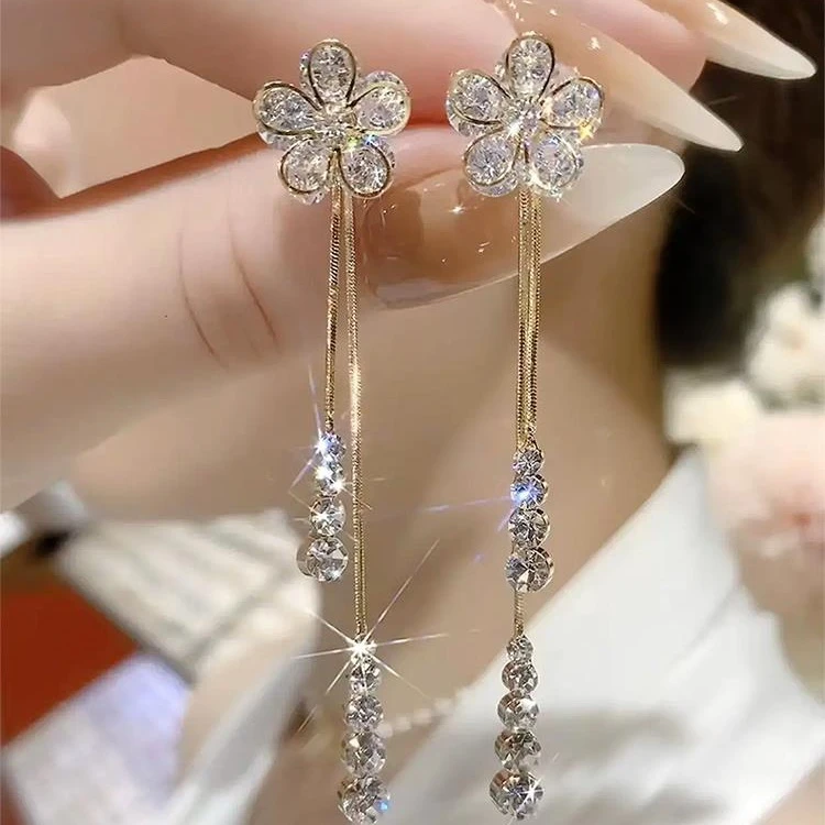 合金仿水晶耳饰 轻奢气质一款两戴花朵耳环高级感长款流苏耳饰品