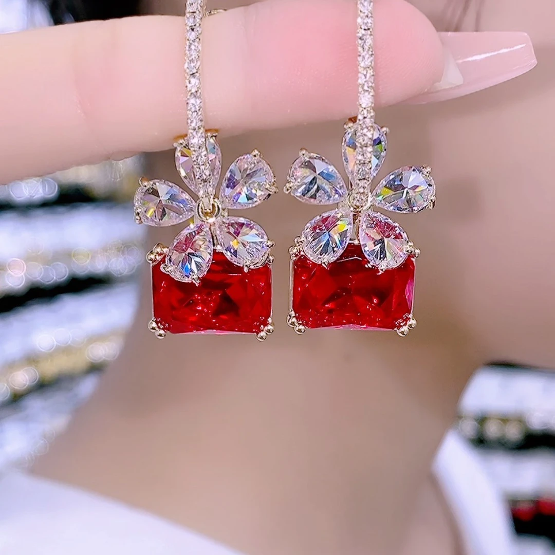 合金仿水晶耳饰 魅诗丽超闪红色耳环女轻奢水晶花朵耳坠耳饰品
