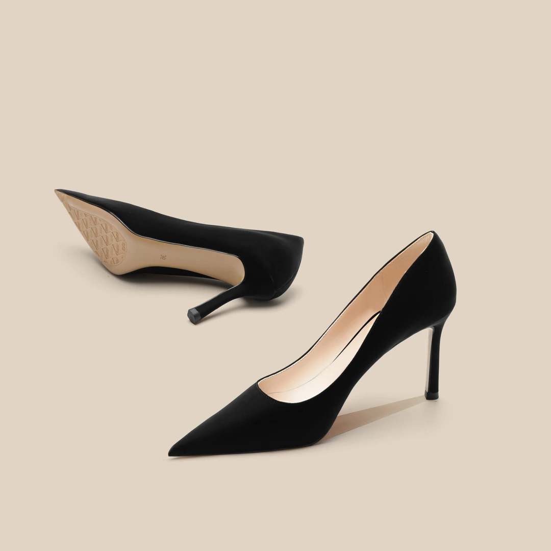 2024浅口尖头女鞋气质单鞋时尚黑色细跟职业浅口尖头气质时尚