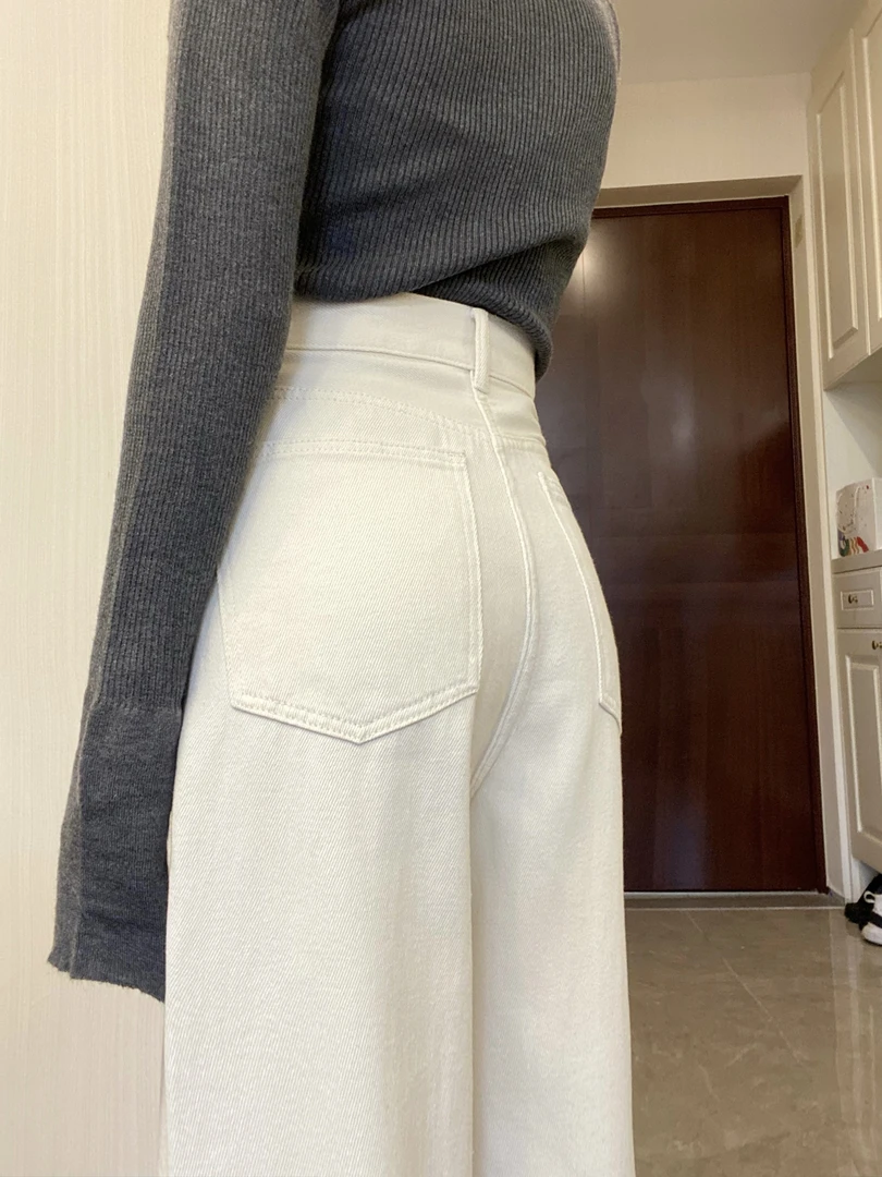 白色高腰牛仔裤子女2024春款休闲窄版直筒裤显瘦拖地长裤阔腿裤子