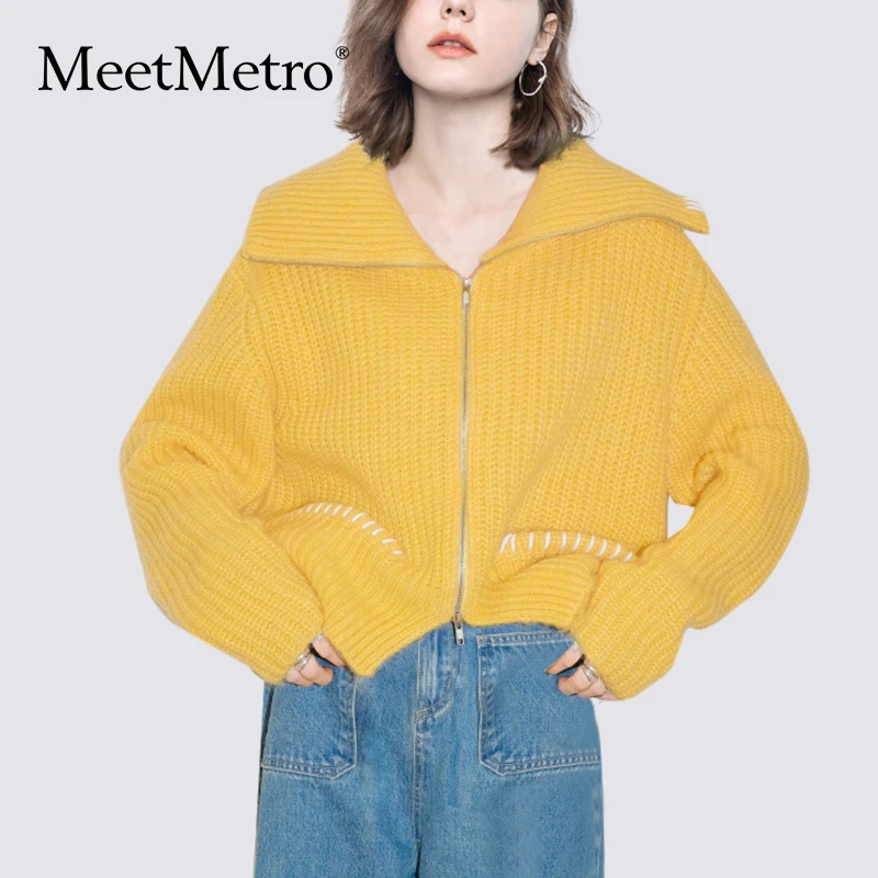 MeetMetro玛依尔黄色针织衫女2024秋新款时尚设计感毛衣外套宽松
