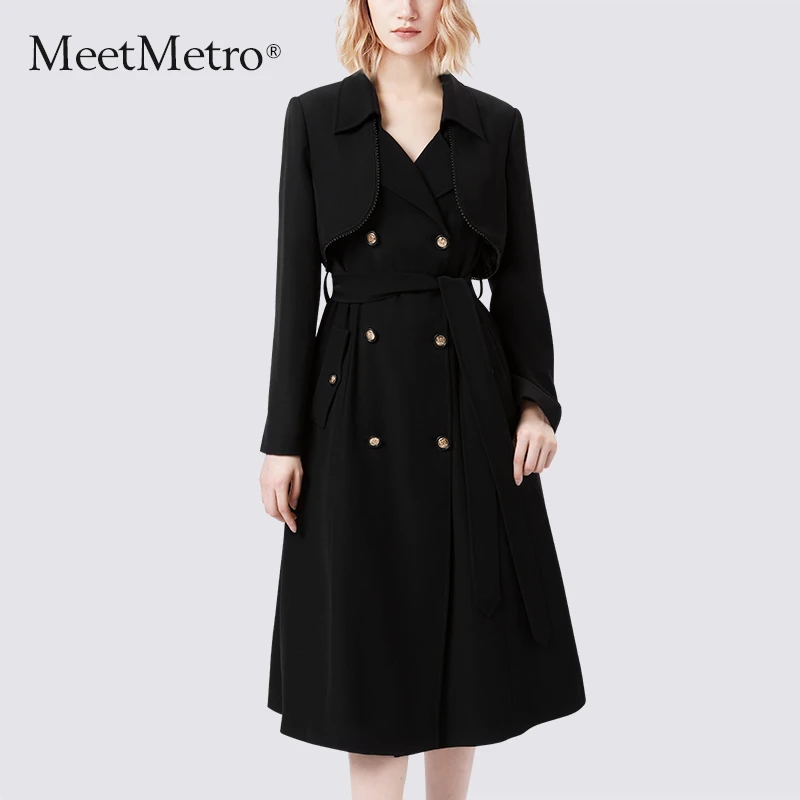 MeetMetro玛依尔黑色西装风衣外套女2024秋新款收腰中长款大衣