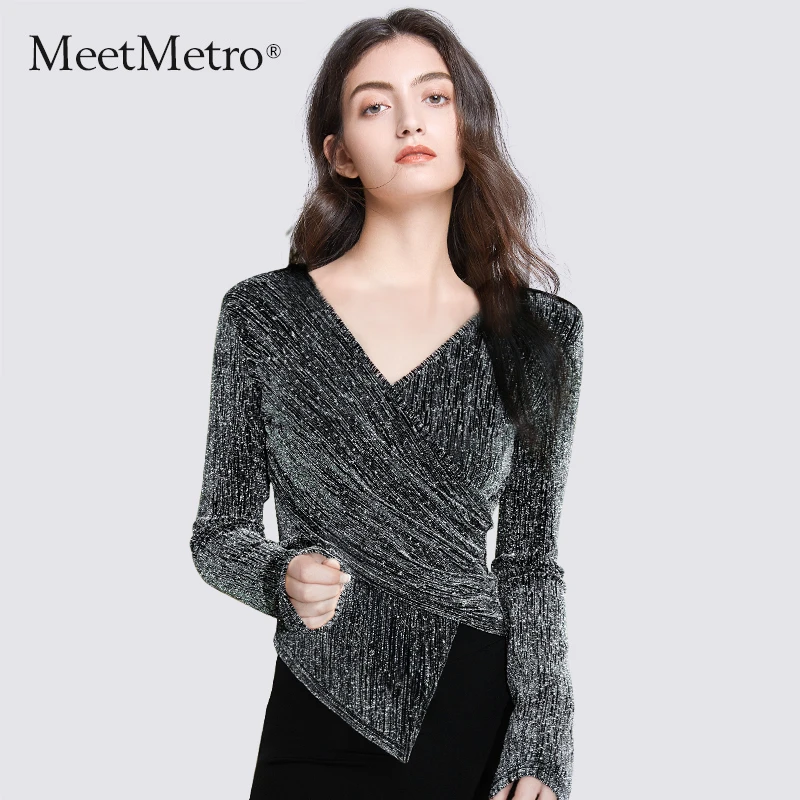 MeetMetro玛依尔2025秋季设计感修身烫钻长袖T恤女洋气打底上衣