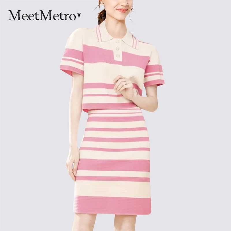 MeetMetro玛依尔条纹撞色套装裙2025夏POLO领甜美上衣半身裙7110