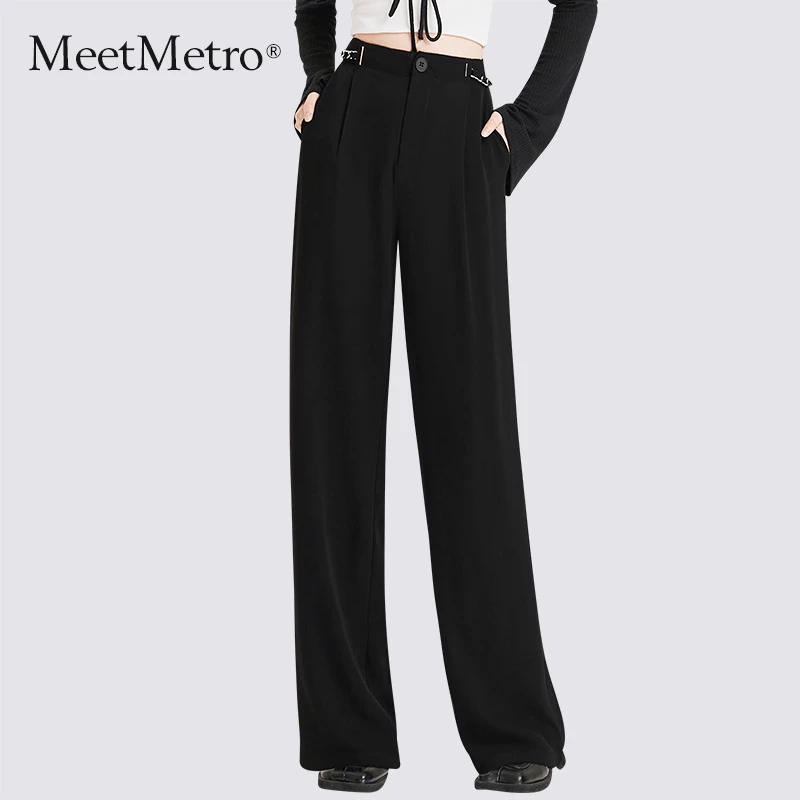MeetMetro玛依尔黑色休闲裤女2024秋新款时尚高腰设计感直筒裤