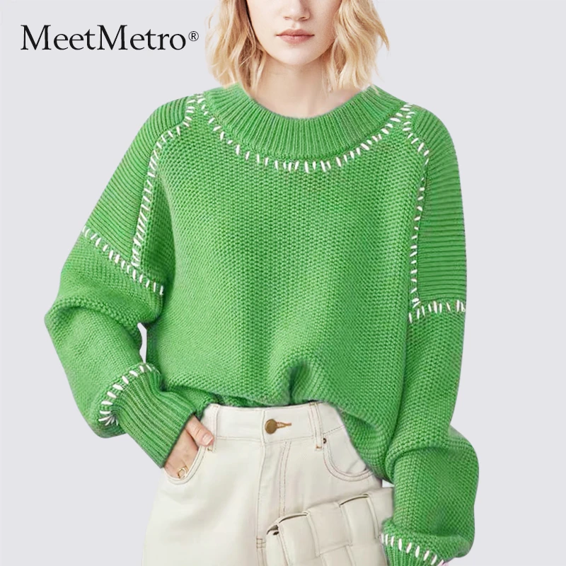 MeetMetro玛依尔绿色慵懒风毛衣女2025春新款宽松时尚洋气针织衫
