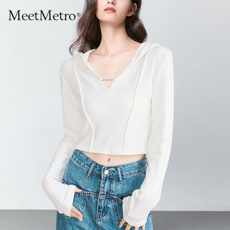 MeetMetro玛依尔长袖T恤女2025春新款洋气短款显瘦休闲连帽上衣