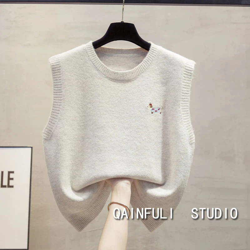 秋季新款时尚百搭韩版宽松圆领马甲女套头针织外穿马夹叠穿上衣