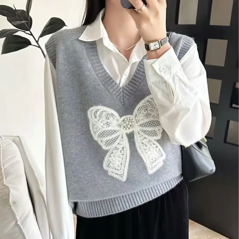 新款V领背心女蝴蝶结设计感针织马甲百搭无袖毛衣上衣