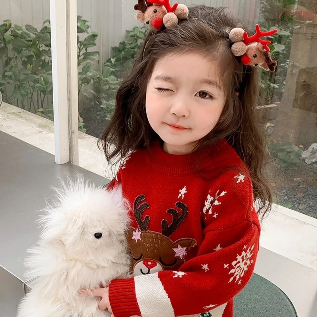 女童过年红色毛衣冬装2023新款儿童洋气加厚男童宝宝拜年服