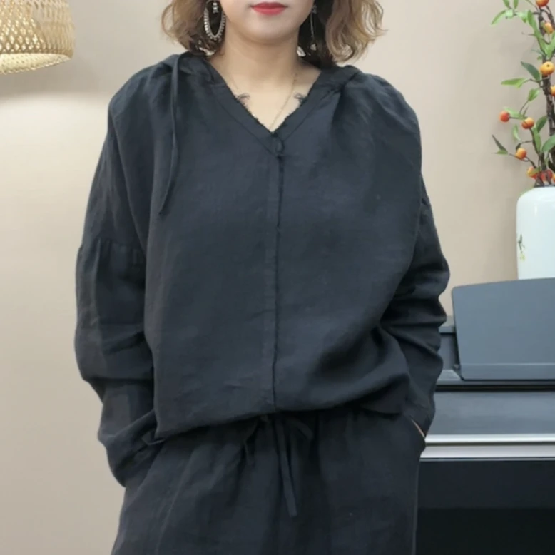 199复古高品亚麻套头连帽衬衣女装秋季新款上衣遮肉显瘦休闲衬衫