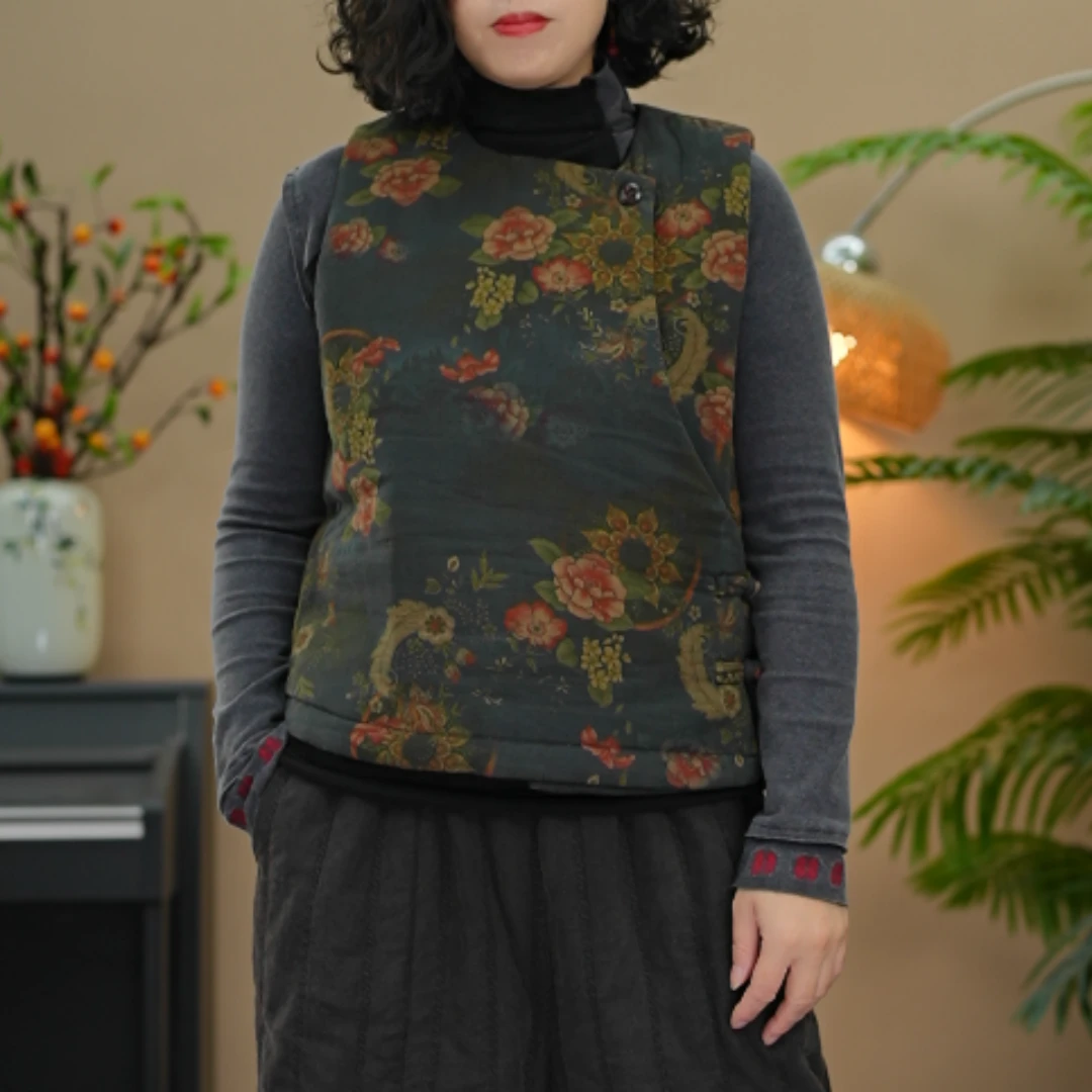 【小燕子】冬季新款文艺复古印花棉马甲女宽松圆领夹棉无袖坎肩