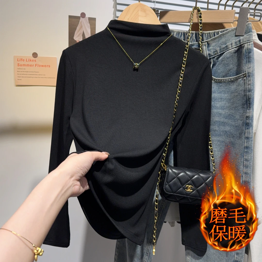 2023秋冬款半高领打底衫女百搭内搭长袖加绒磨毛上衣洋气正肩显瘦