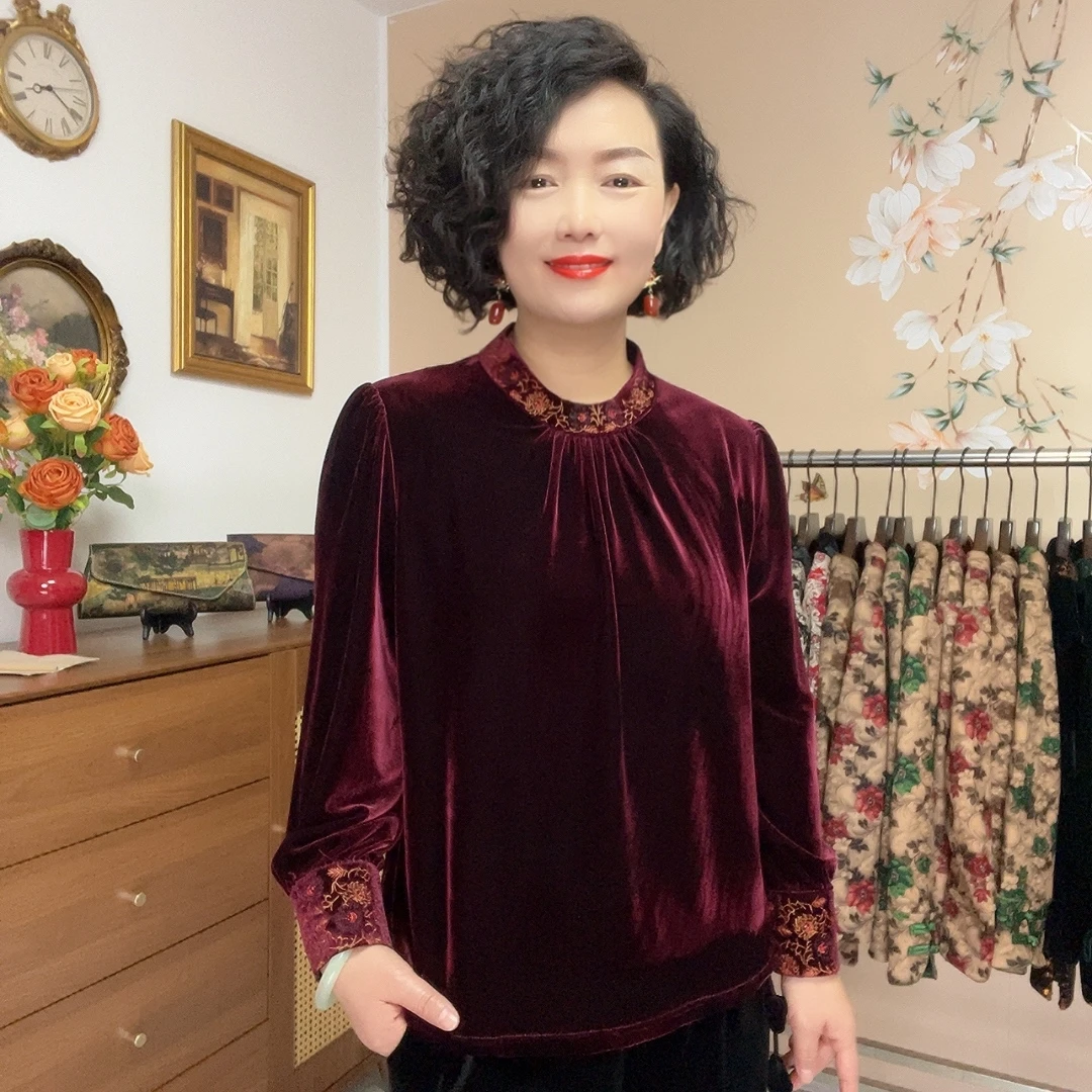 【贵气十足】丝绒刺绣领新中式改良上衣妈妈装  8867