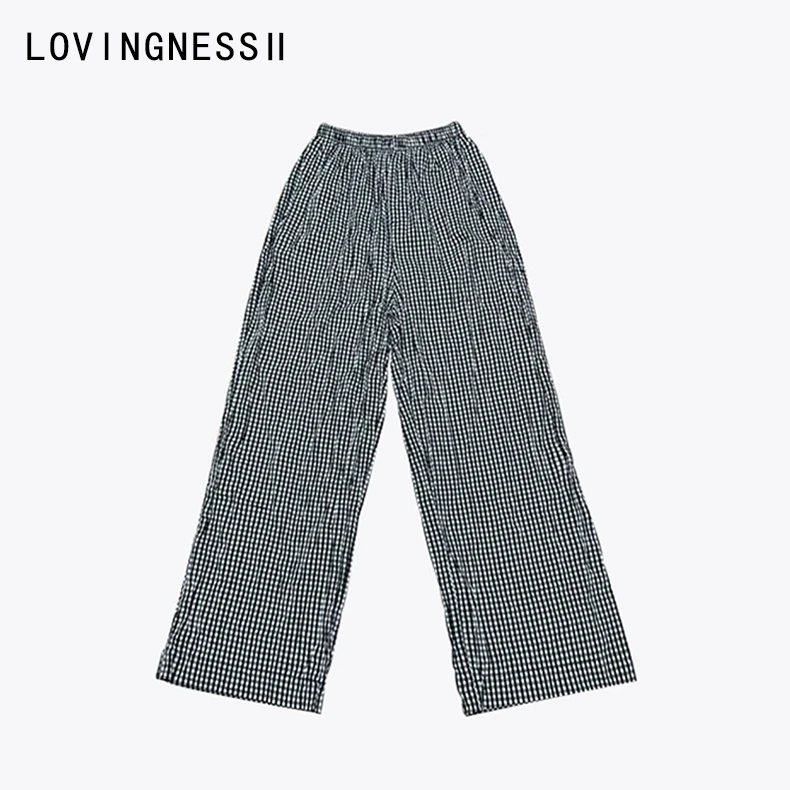 秋季新款小众设计经典黑白格子阔腿皱皱裤松紧腰休闲长裤女