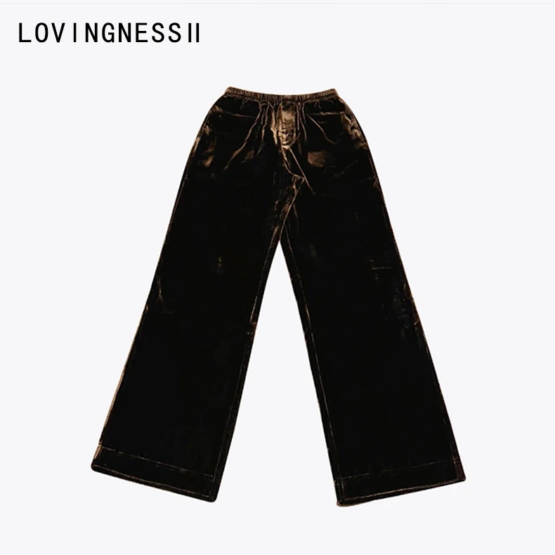 小众设计新中式咖色丝绒裤百搭松紧腰显瘦直筒长裤女