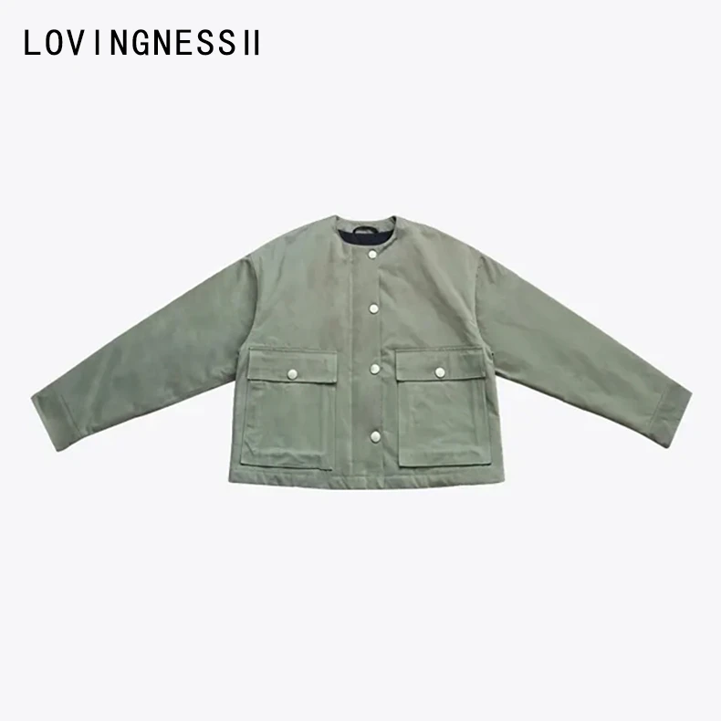 2024秋冬新款小众设计简约工装风圆领夹棉休闲夹克口袋外套女