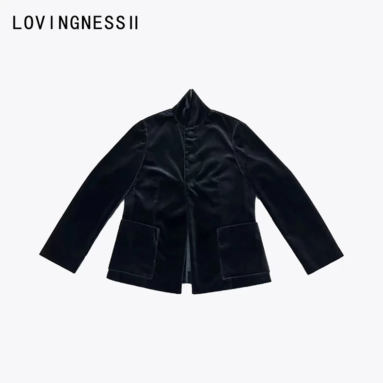 2024春夏新款小众设计新中式复古上衣休闲黑丝绒大口袋显瘦外套女