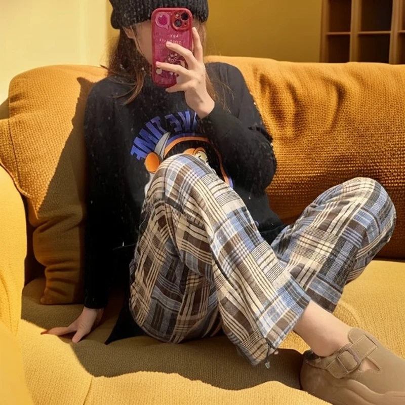 孕妇春秋装外穿阔腿两穿裤子下脚抽绳休闲直筒裤棋盘格九分裤潮妈