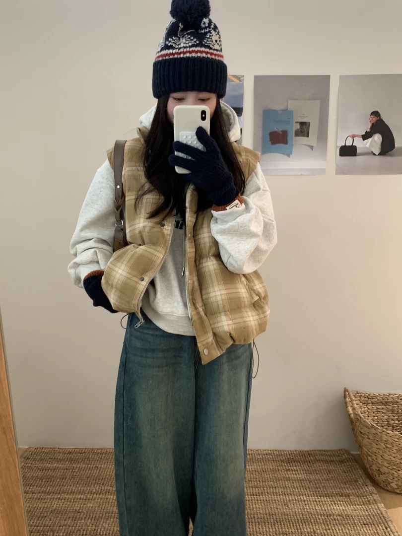 【ETTins】雪枯树 时尚休闲格纹保暖加厚秋冬棉服马夹 Y5402