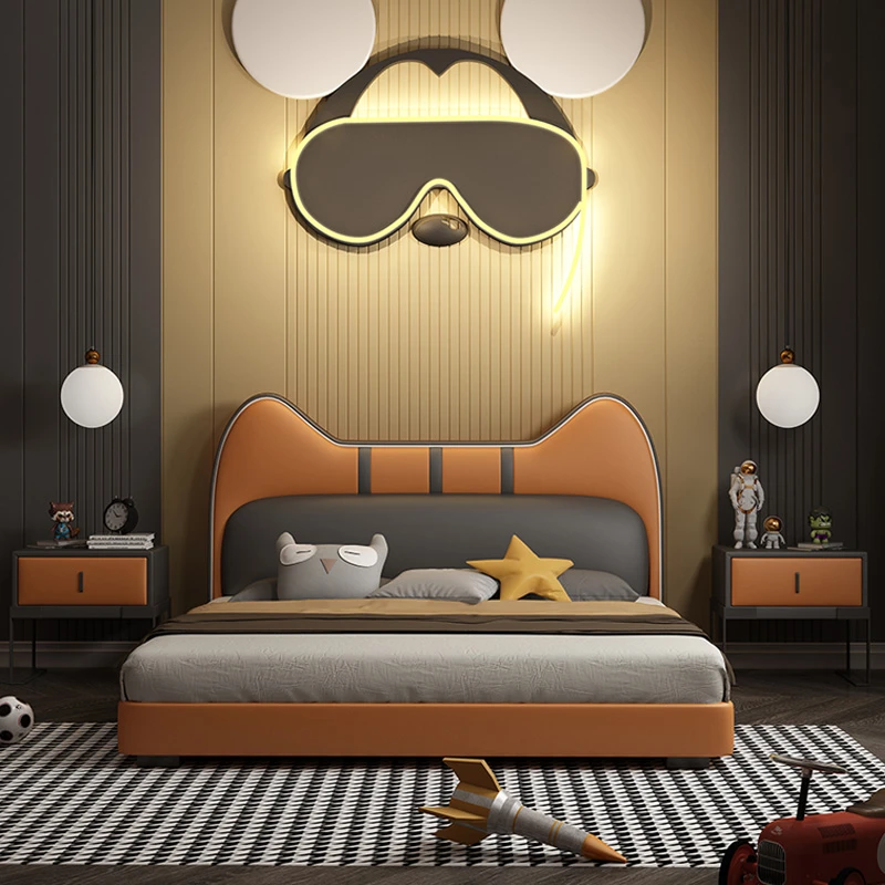 卡通橘猫儿童床创意儿童房简约小孩软包床女孩公主学生床居家好物