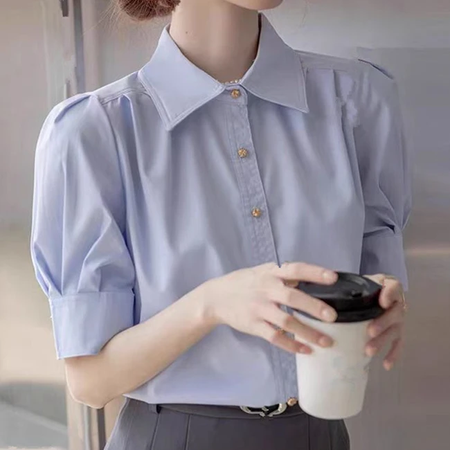 纯色大码泡泡袖衬衫女短袖夏季新款遮肉通勤职业面试正装胖mm上衣