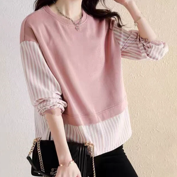 春秋季洋气大码女装长袖拼接宽松假两件休闲卫衣女大码上衣打底衫