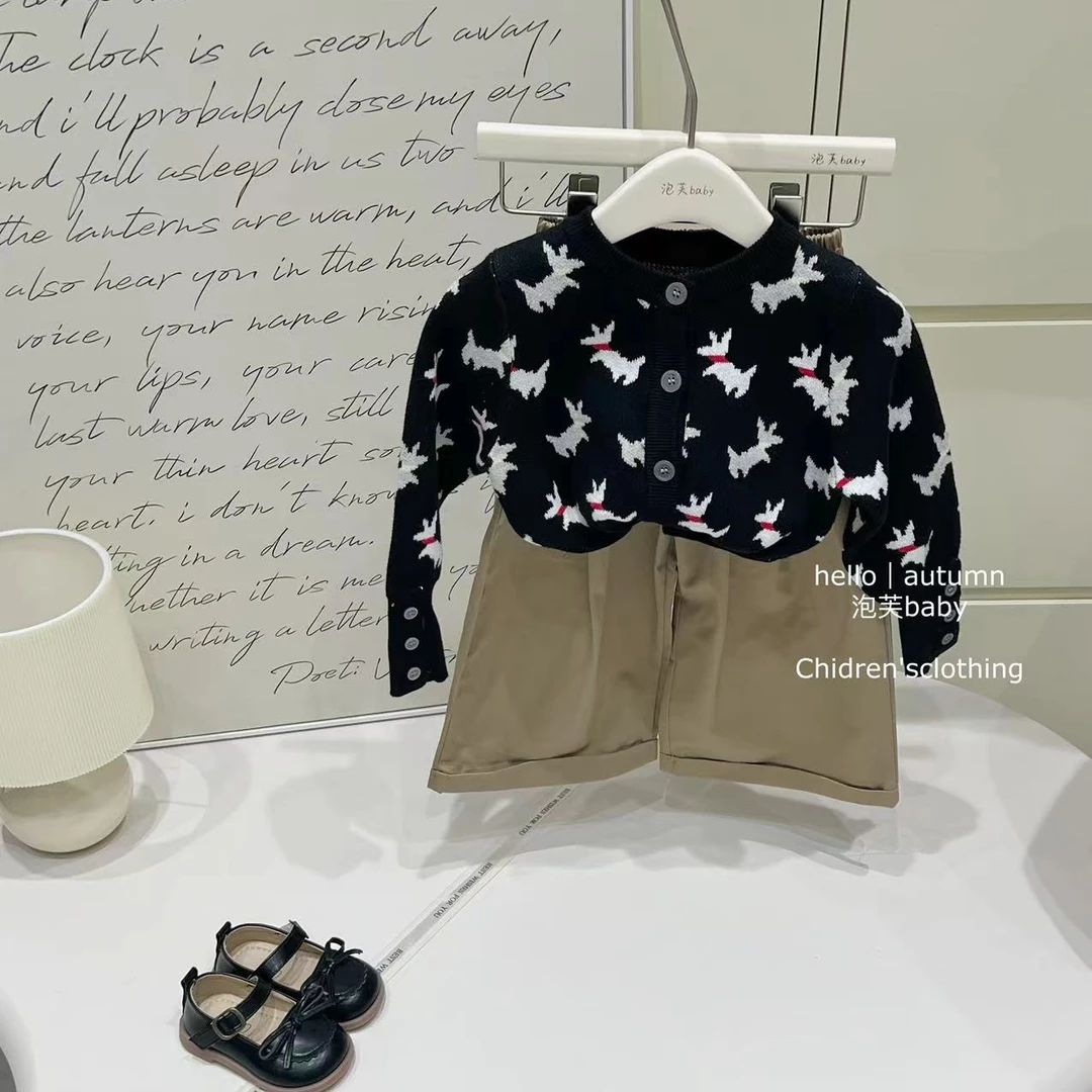 【现现】女童可爱小狗针织开衫外套2024秋小女孩韩版休闲宽松毛衣潮