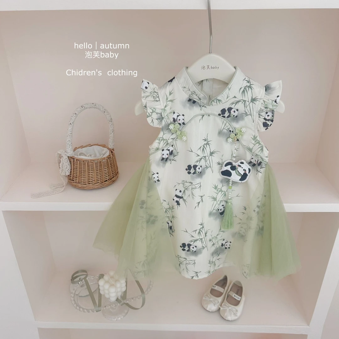 【现】国潮穿搭#女童飞袖汉服连衣裙2025夏季洋气女宝宝熊猫旗袍
