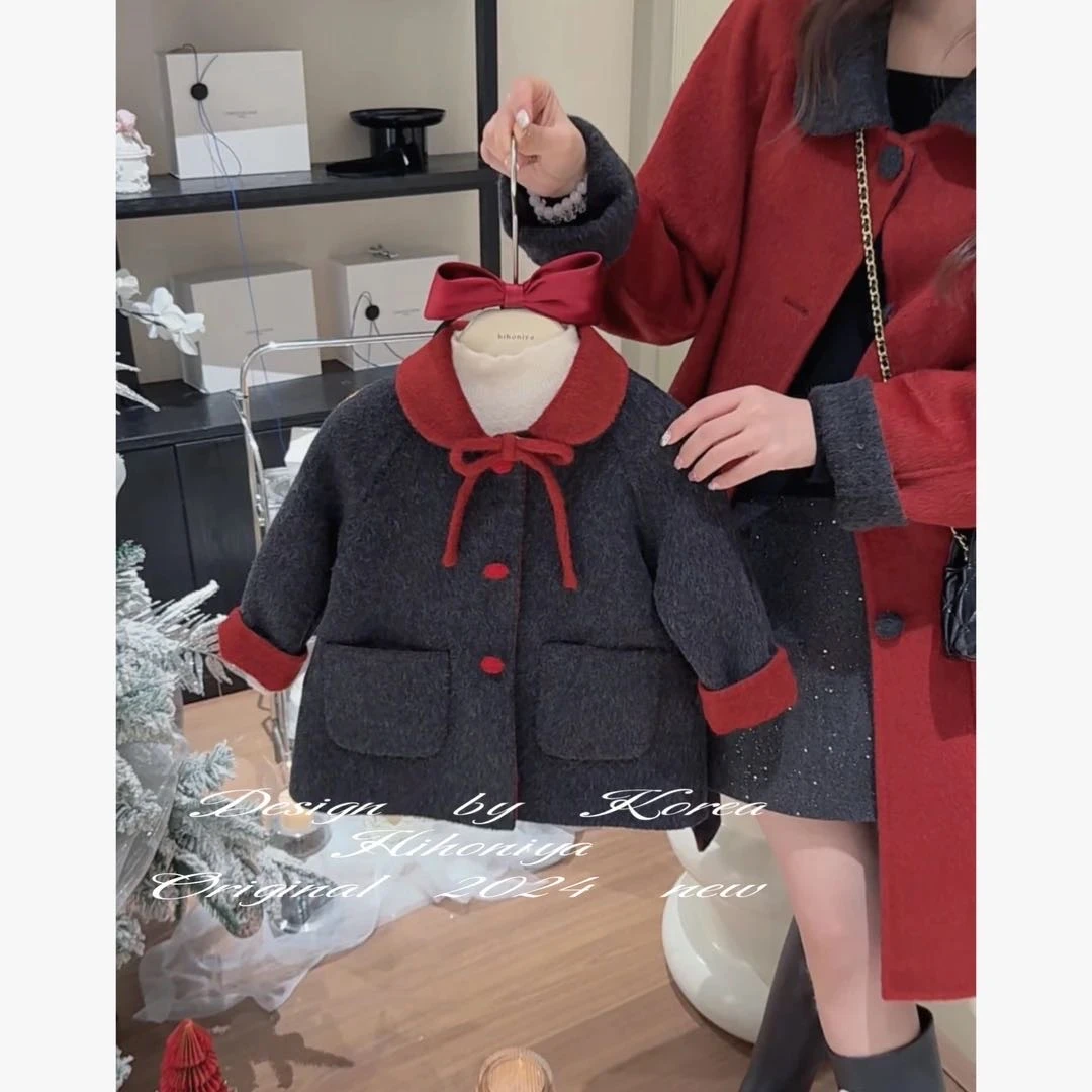 【泡芙baby】童装2024冬季新款千金娃娃领双面呢大衣韩版