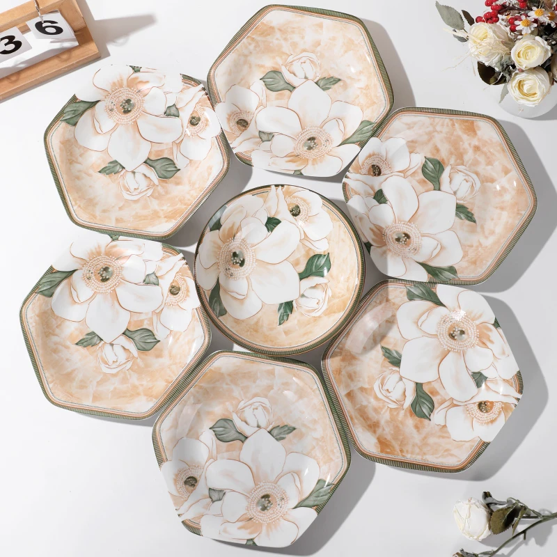7件套家用陶瓷拼盘套装山茶花6只六角盘加8英寸汤碗1只