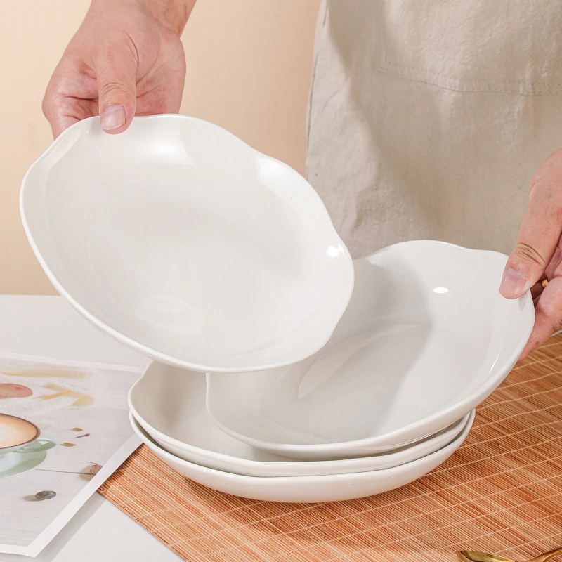 6只装8英寸纯白陶瓷家用汤盘菜盘碟子花瓣盘荷叶盘深盘炒菜盘子