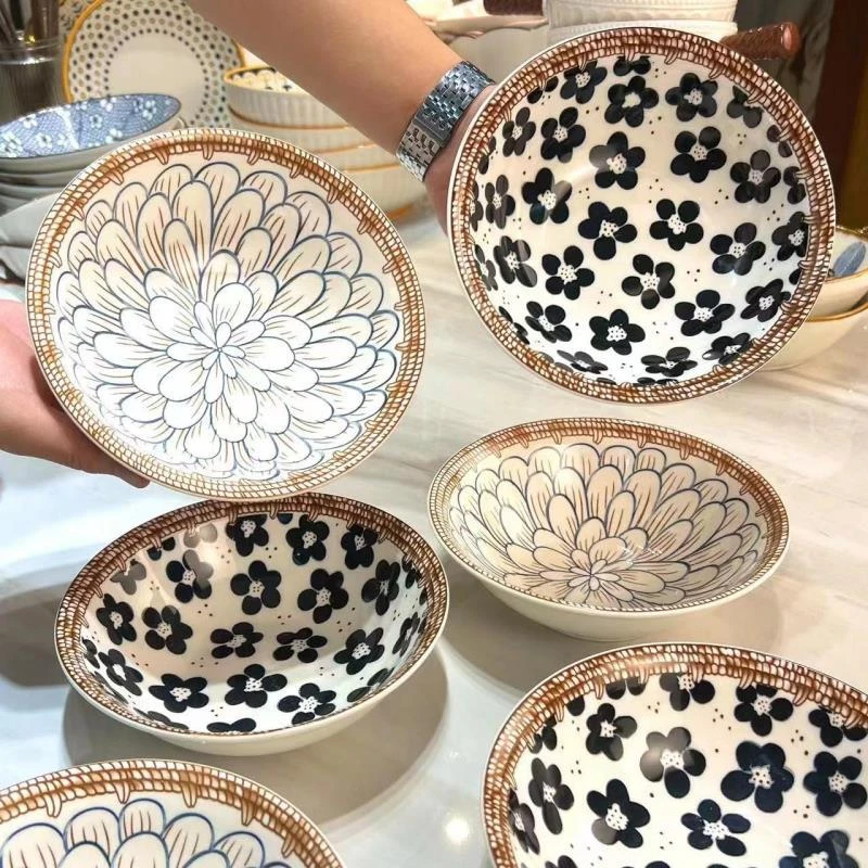 6个装7英寸复古藤编斗碗面碗陶瓷家用碗餐具螺蛳粉碗发2-4种图案