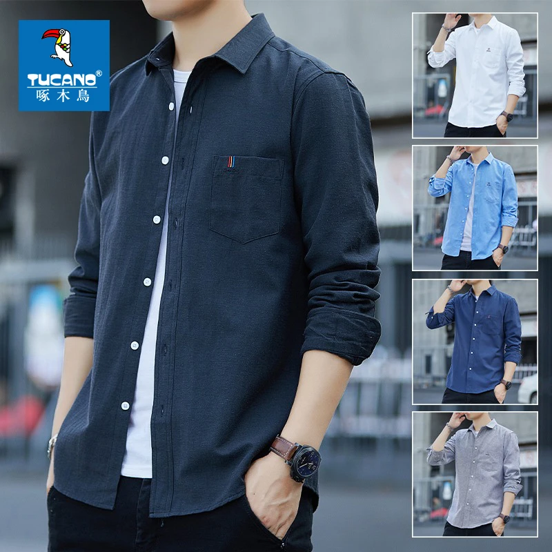 啄木鸟春夏季长袖衬衫男士修身上衣2024新款时尚百搭休闲衬衣男装