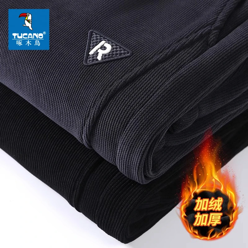 啄木鸟加绒秋冬款休闲裤男士重磅加厚保暖外穿潮牌束脚运动卫裤子