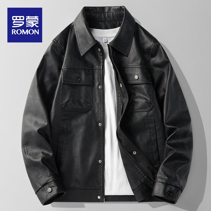 罗蒙男士皮衣外套2024新款春秋季翻领宽松休闲百搭帅气机车服男款