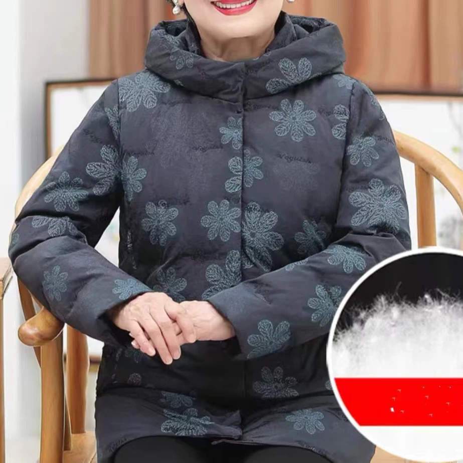 中老年冬装时尚气质刺绣印花羽绒服Q90010兰色加厚连帽保暖冬季