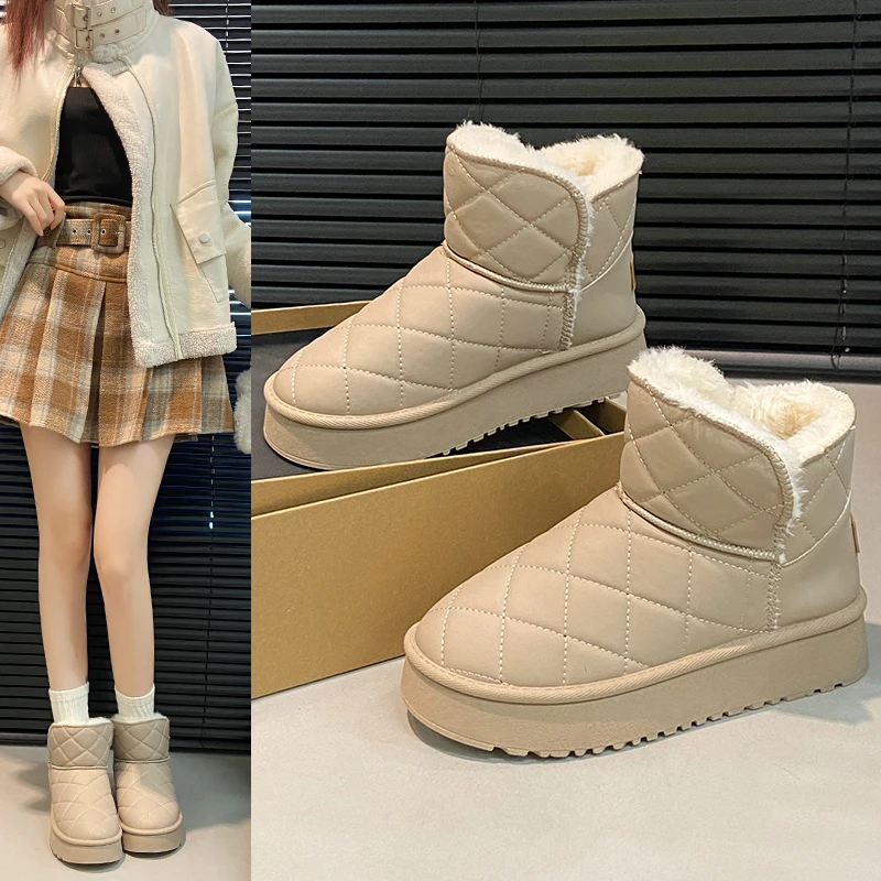 东北厚底菱形雪地靴女2024冬季加绒加厚增高短筒防滑保暖面包棉鞋