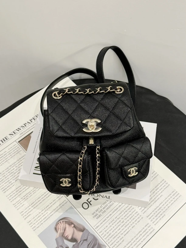 全新未使用 Chanel/香奈儿 青蛙双肩包黑金荔枝皮小号 拍下送中检
