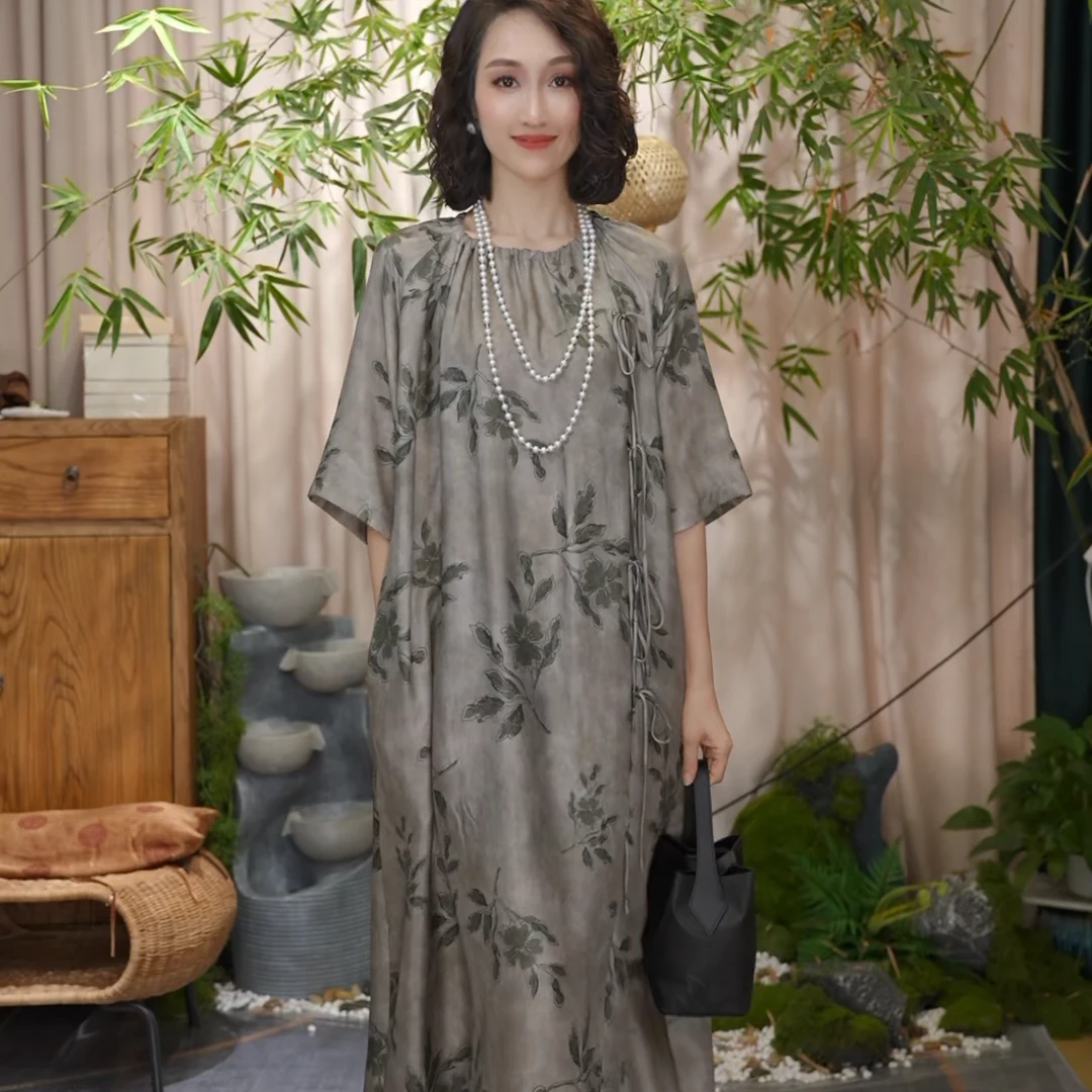 【辰辰高定】夏季新款轻奢国风桑蚕丝宽松复古时尚连衣裙女23X525