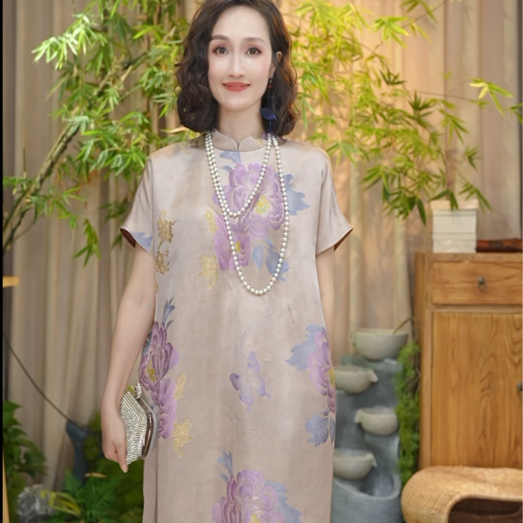 【辰辰高定】2024夏季新款时尚显瘦优雅气质复古桑蚕丝中国风连衣裙