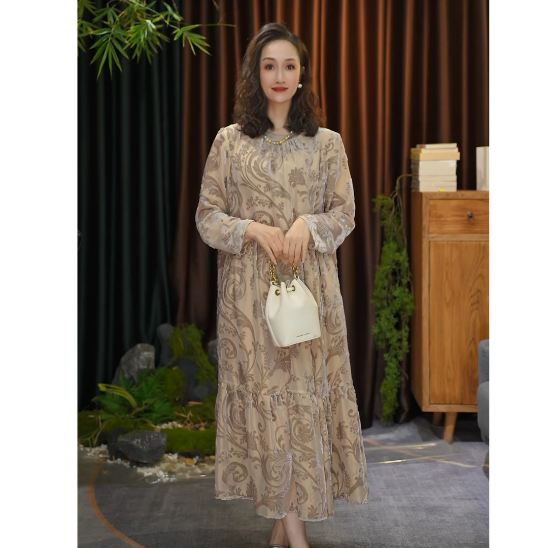 【辰辰高定】国风新中式白月光鸢尾花全身丝绒烧花连衣裙Y2024238Y