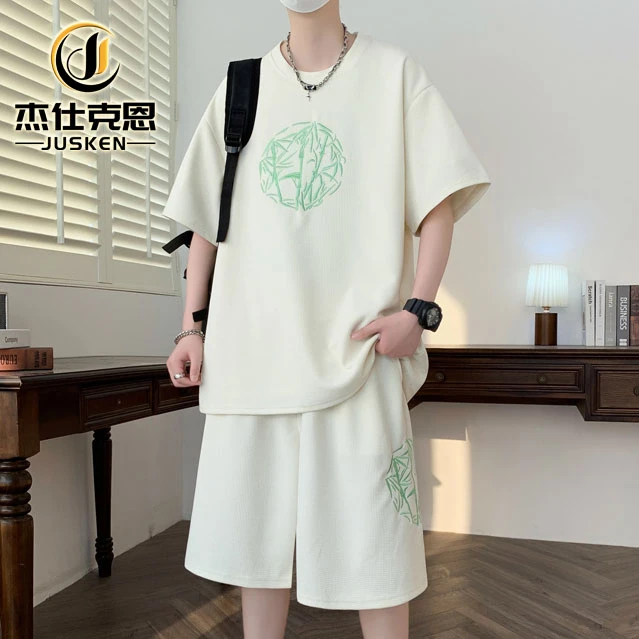 夏季新款国风休闲套装男士大码百搭宽松潮流刺绣短袖短裤两件套男