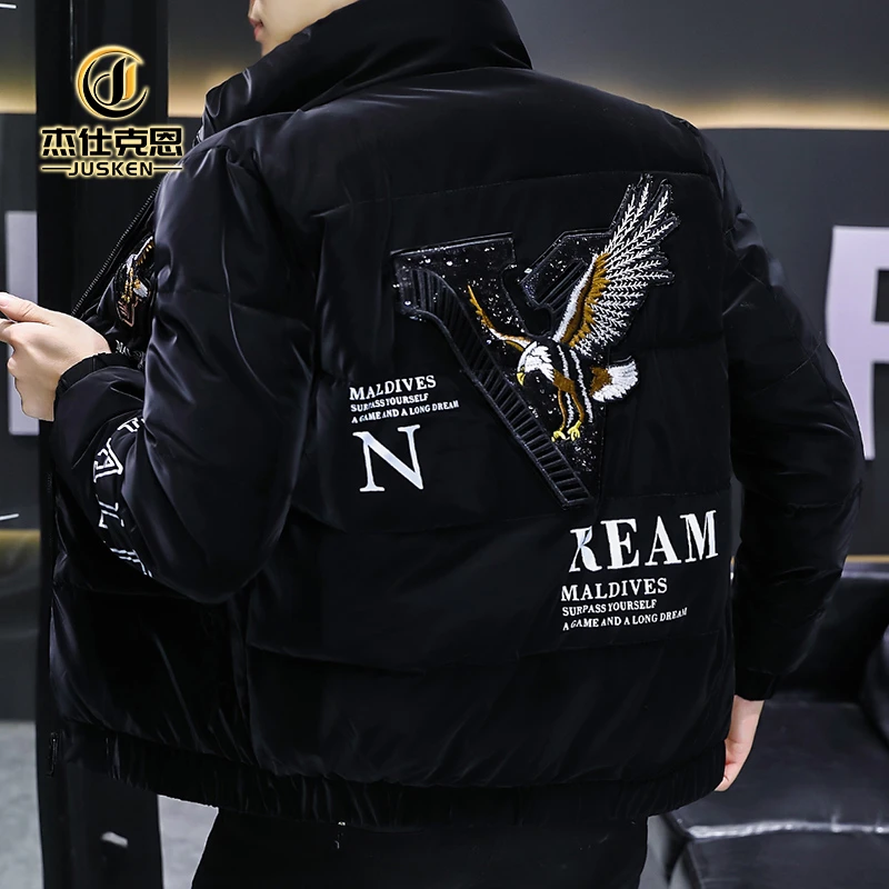 棉衣男士秋冬新款亮面刺绣老鹰外套时尚帅气百搭加厚保暖上衣男装